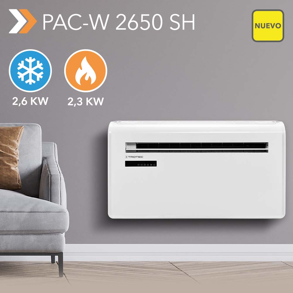 NUEVO aire acondicionado de pared PAC-W 2600 SH: aire acondicionado 4 en 1  monobloque sin unidad exterior – refrigera, calienta, ventila y  deshumidifica